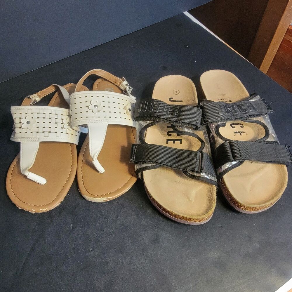 SO Lot 2 Girls Sandals US 4 White Flower Buckle Thong & Black Sequin Slides